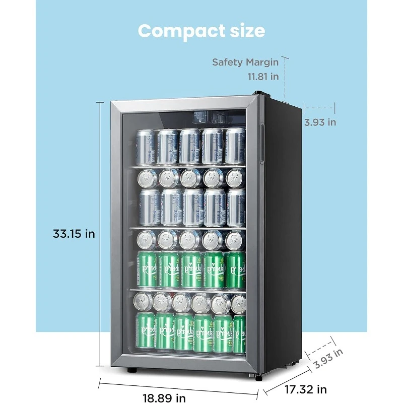 Beverage Refrigerator, Adjustable Thermostat, Glass Door with Stainless Steel Frame, Reversible Hinge Door and Legs for Home