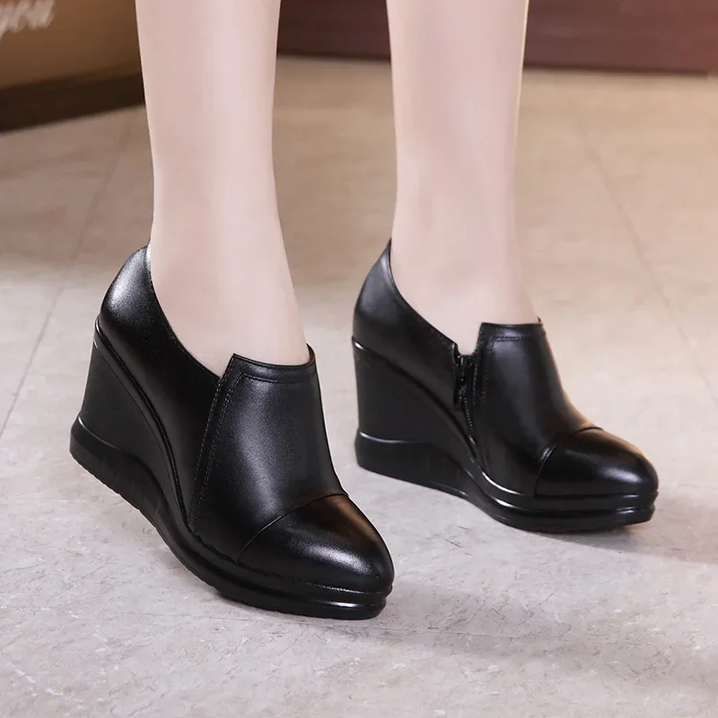 7cm Small Size 32-43 Fall Winter Deep Mouth Platform Wedges Shoes with fur Black 2024 High Heels Pumps Women for Office Mom Work