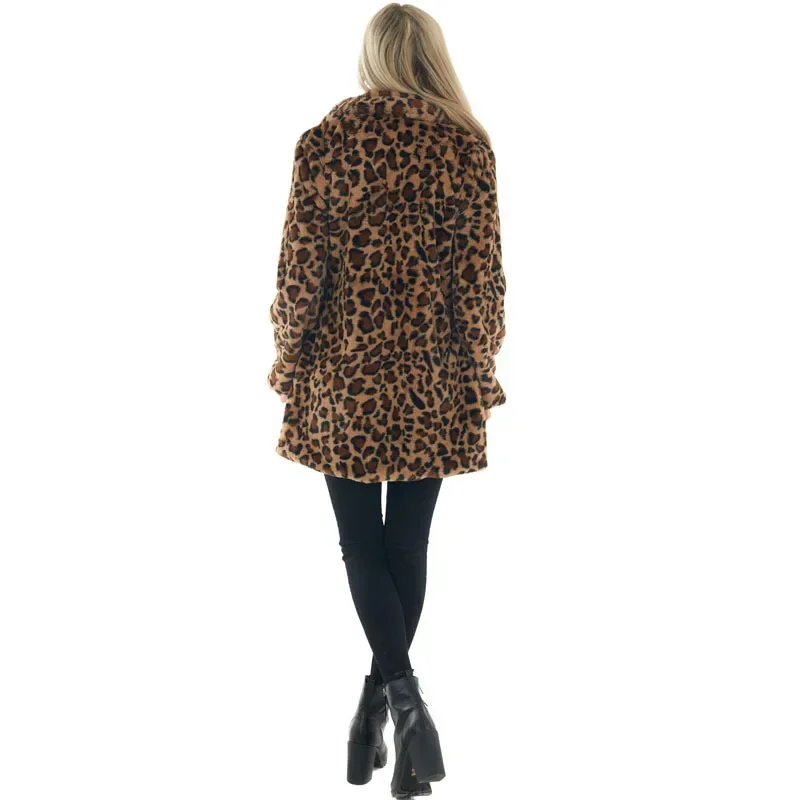 Abrigo de piel sintética de lana para mujer, chaqueta de leopardo, ropa de calle, chaquetas cálidas, moda elegante, abrigos de manga larga para