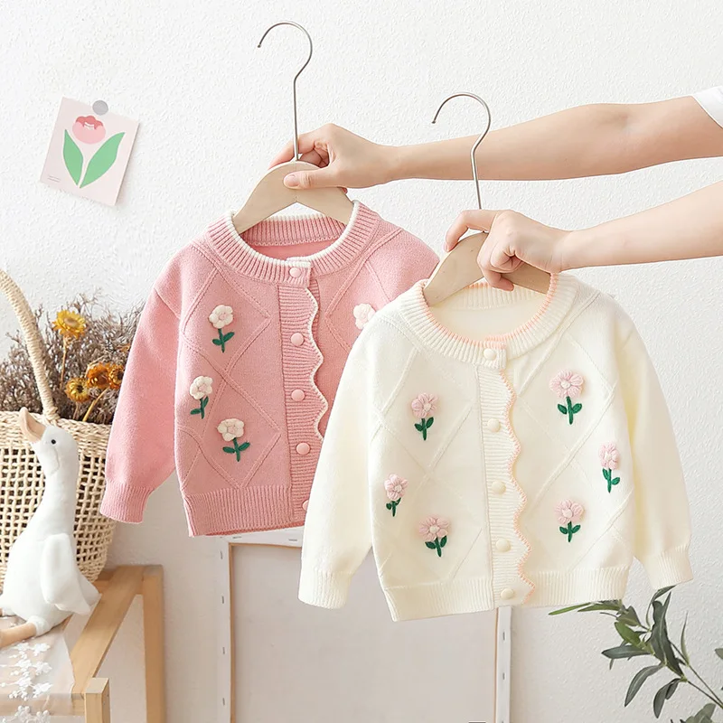 Herbst Kinder Mädchen Pullover Mantel Infant Babys Mädchen Blume Dot Strickjacke 1-5Y Mädchen Kontrast Offenen Stich Mantel Kleinkind Mädchen strickwaren