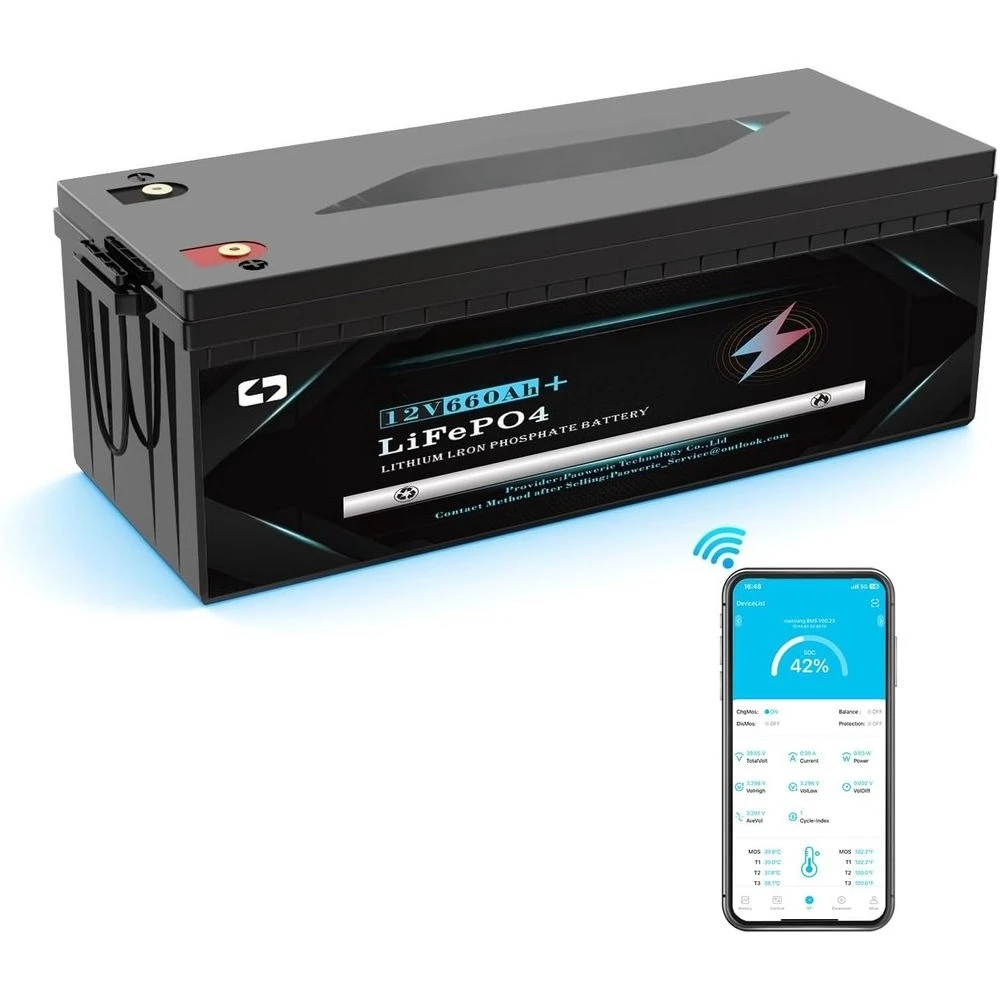 بطارية LiFePO4 12 فولت 660 أمبير في الساعة مدمجة 300 أمبير BMS، بطارية ليثيوم قابلة لإعادة الشحن، 10000+ دورات عميقة، مثالية للنظام الشمسي، RV