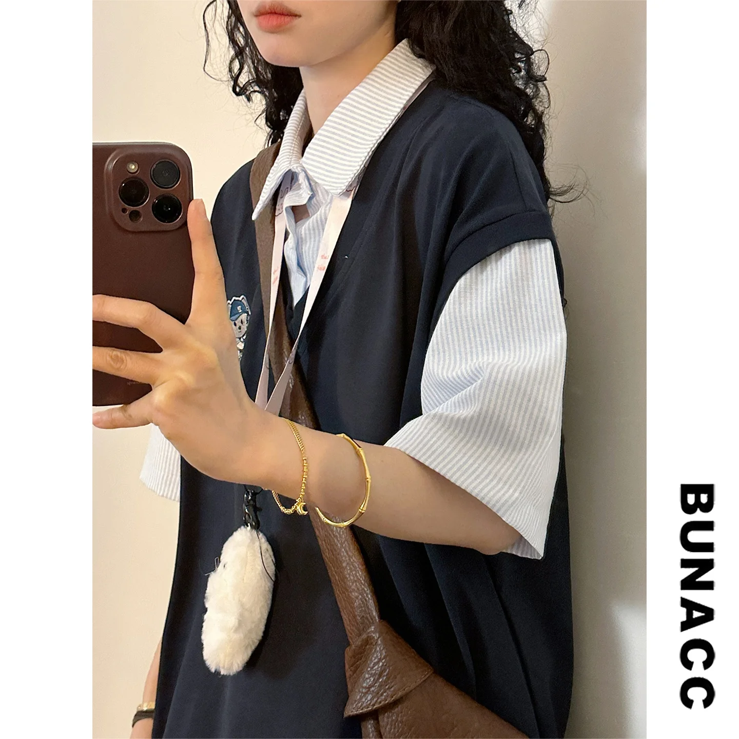 

Свободный вязаный летний жилет в уличном стиле для женщин, с вышивкой медведя, повседневный, с коротким рукавом, имитация двухслойности, топ для пар