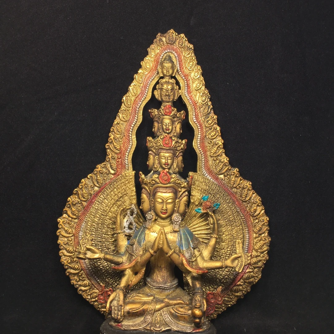 29cm Ancient China's refined pure copper painted Thousand-hand Bodhisattva Buddha statue