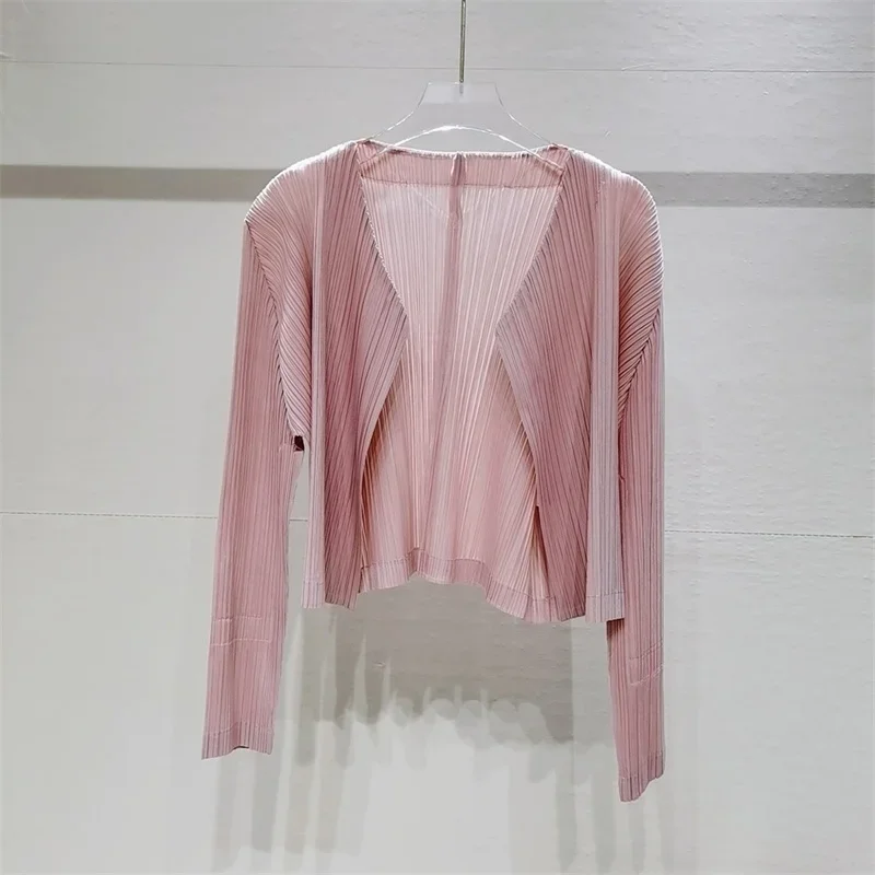 Pleated Short Jackets for Women Cardigan Full Sleeve Thin Loose Coat Round Collar Causal Wild New Summer Fashion Women Clothing