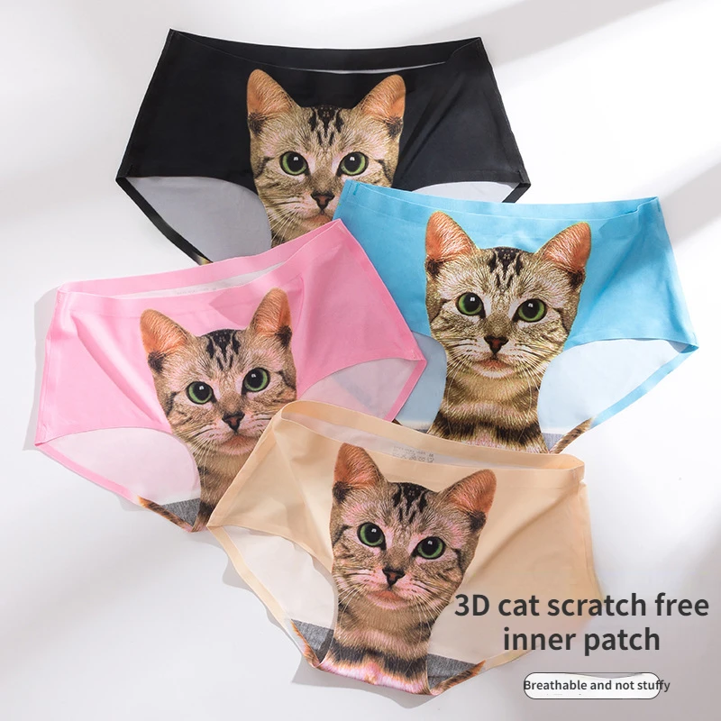 Seamless Ice Silk Female Panties Girl Cute Cartoon Cat Head Briefs Mid-waist Hip-lifting Panties Ladies 3D Cat Panties Sexy