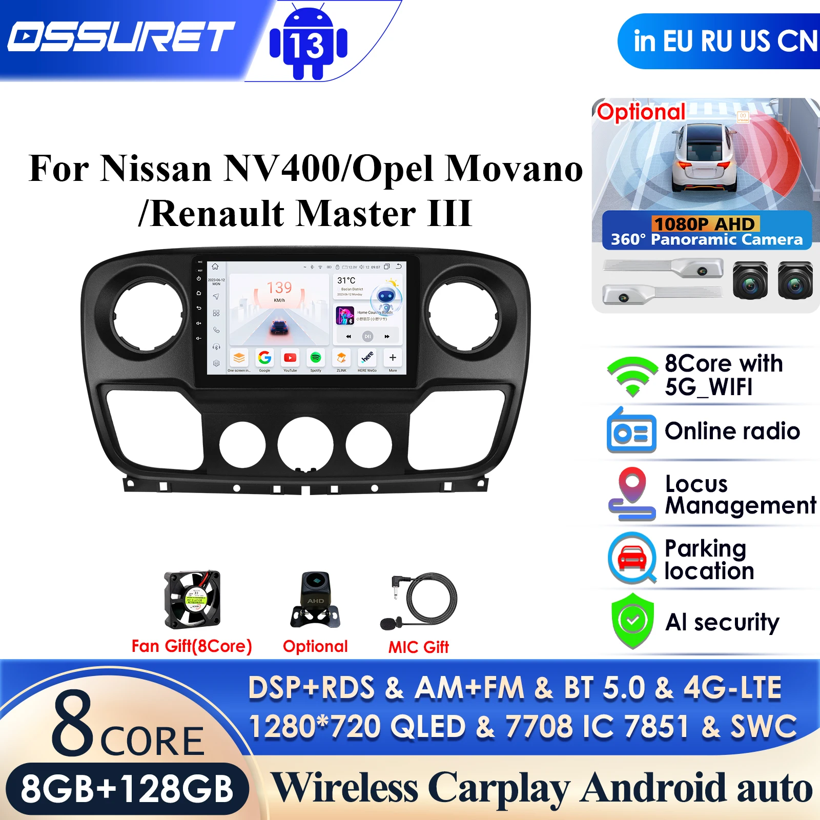 Android Car Intelligent Player for Nissan NV400 2010 -2019 for Opel Movano for Renault Master III 2011 GPS Video Carplay 4G WIFI