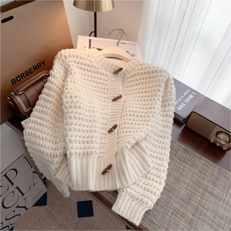 Thickening Brown Cardigan Cashmere Jacket Women\'s Clothing Knitting Sweater Round Neck Pullover Vintage Fashion Autumn Tops