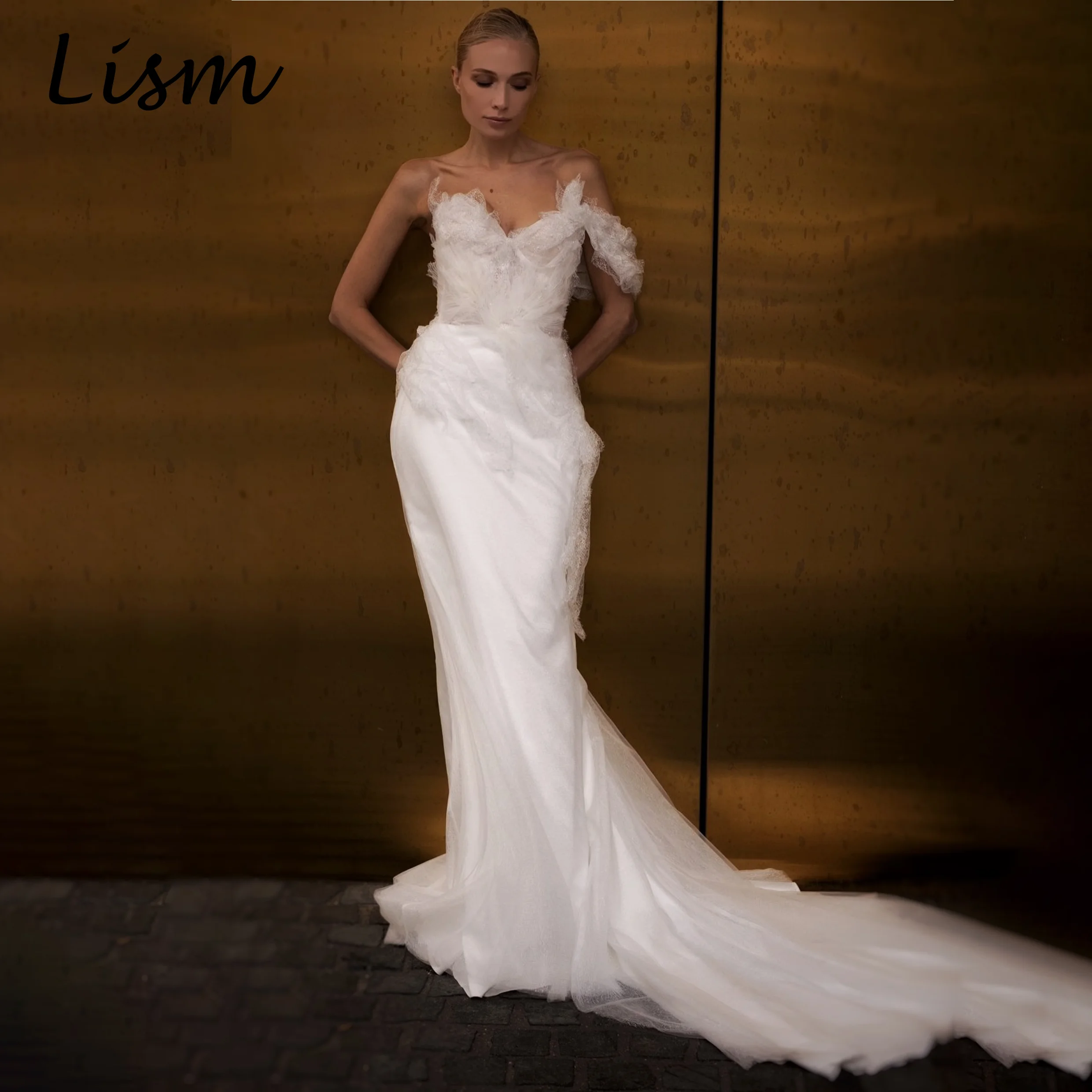 Lism Elegant V-Neck Wedding Dress One-Shoulder Sleeveless A-line Sweep Train Robe De Mariée Wedding Dresses For Woman Customized