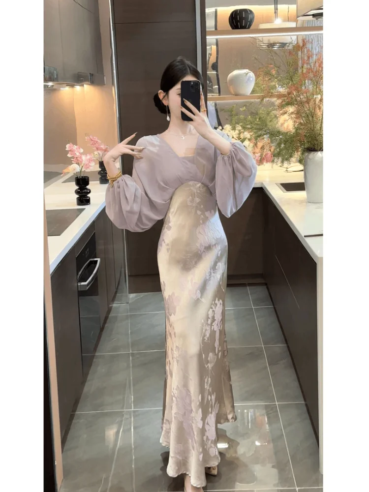 

Chic Ladylike Fake Two-Piece Long Dress Original Design Spring New Style High Waist A-Line Skirt for Women Cold Tone