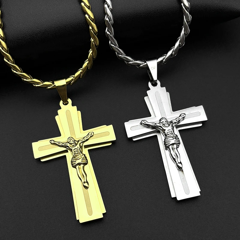 

Hip Hop Cross Jesus Necklace For Women Men Stainless Steel Long Crucifix Chain Christian Amulet Classical Jewelry Collar
