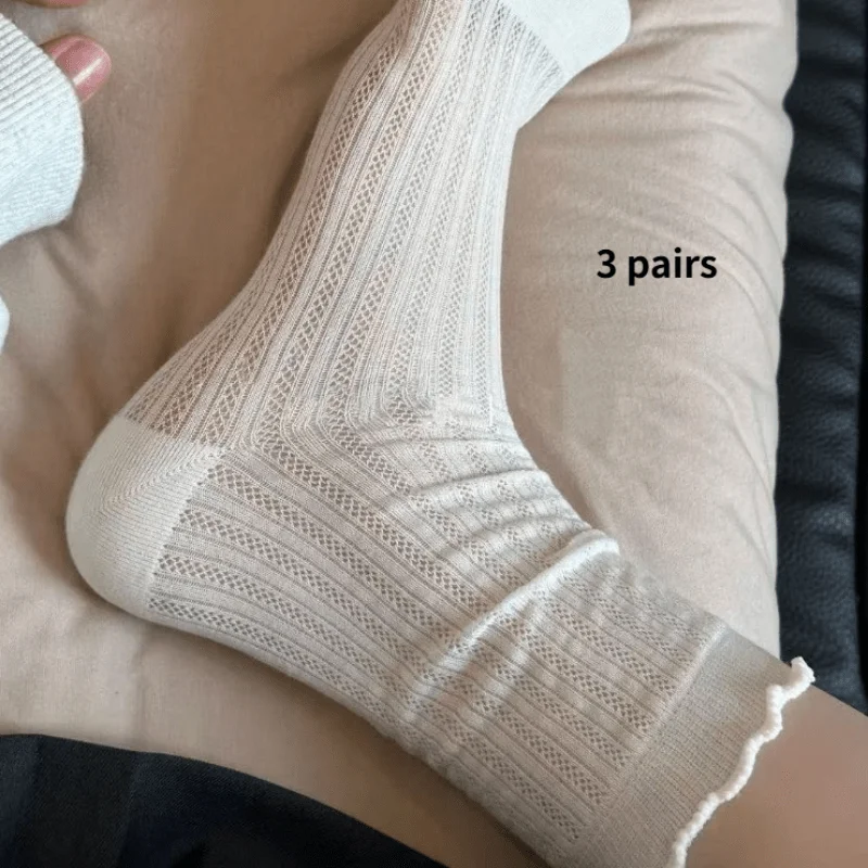 3 Paar zufällige Damensocken, sommerliche, dünne, atmungsaktive, modische, vielseitige, einfarbige Wadensocken aus Meshloukong, flauschige Socken