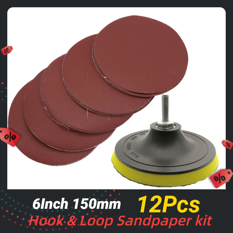 

6 inch Sanding Discs 150mm Hook&Loop Sandpaper 60-240 Grit M14 Thread Adapter & Backing Pad 12 Pcs Set Polishing Abrasive Tools