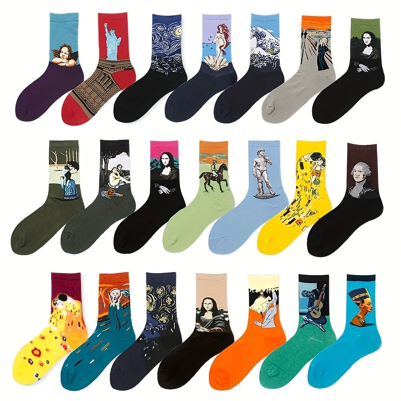 Randomly 5 pairs of unisex oil painting character images in cotton socks with sweat wicking personality