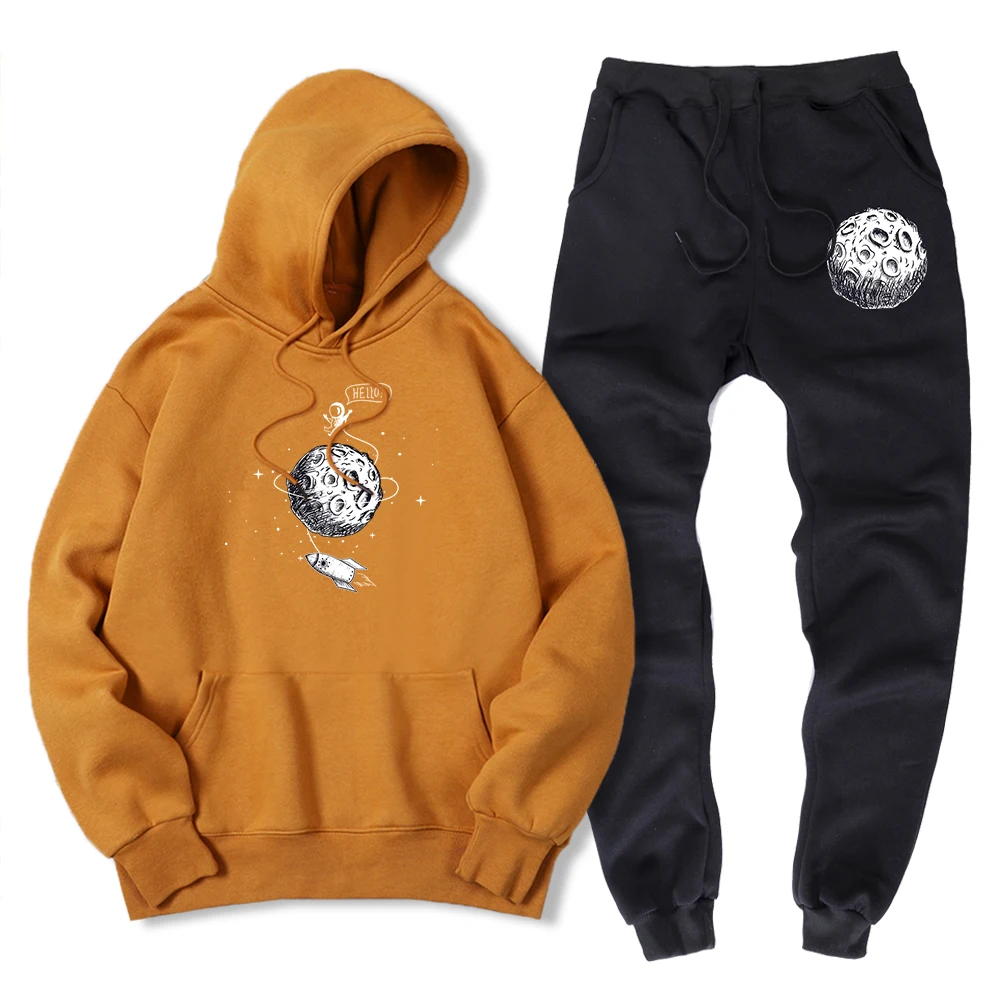 

Hello Astronaut Rocket Flying Around The Moon 2 Piece Hoodie Set Men Fashion Casual Hoody+ Pants Loose Winter Warm Sweatshirt