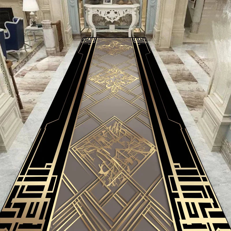 

Black Gold Luxury Long Corridor Carpet Villa Hallway Non-slip Stairway Floor Mat Washable Rugs European Style Aisle Customizable