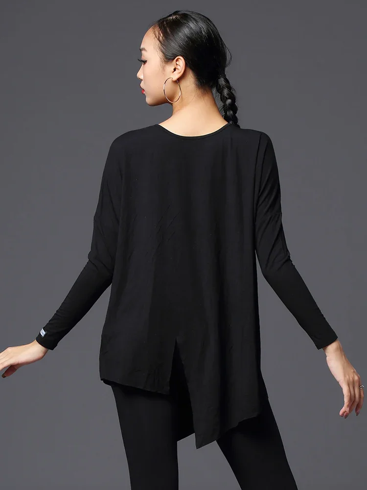 Topy do tańca latynoskiego dla kobiet luźna czarna koszula z długimi rękawami ubrania do ćwiczeń latynoskich Chacha Samba kostiumy do tańca latynoskiego