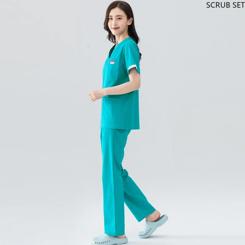 Uniforme de enfermeira para mulheres, roupas médicas, manga curta, Scrub Top, algodão, Traje médico, dentista, Hospital Workwear, calças, Plug Tamanho S-5XL