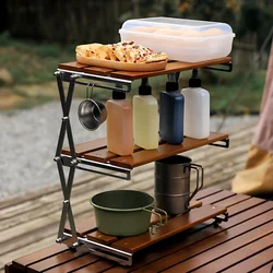 Folding Shelf Outdoor Camping Triple Shelf Solid Wood Foldable Portable Camping Folding Table Multifunctional Storage Table