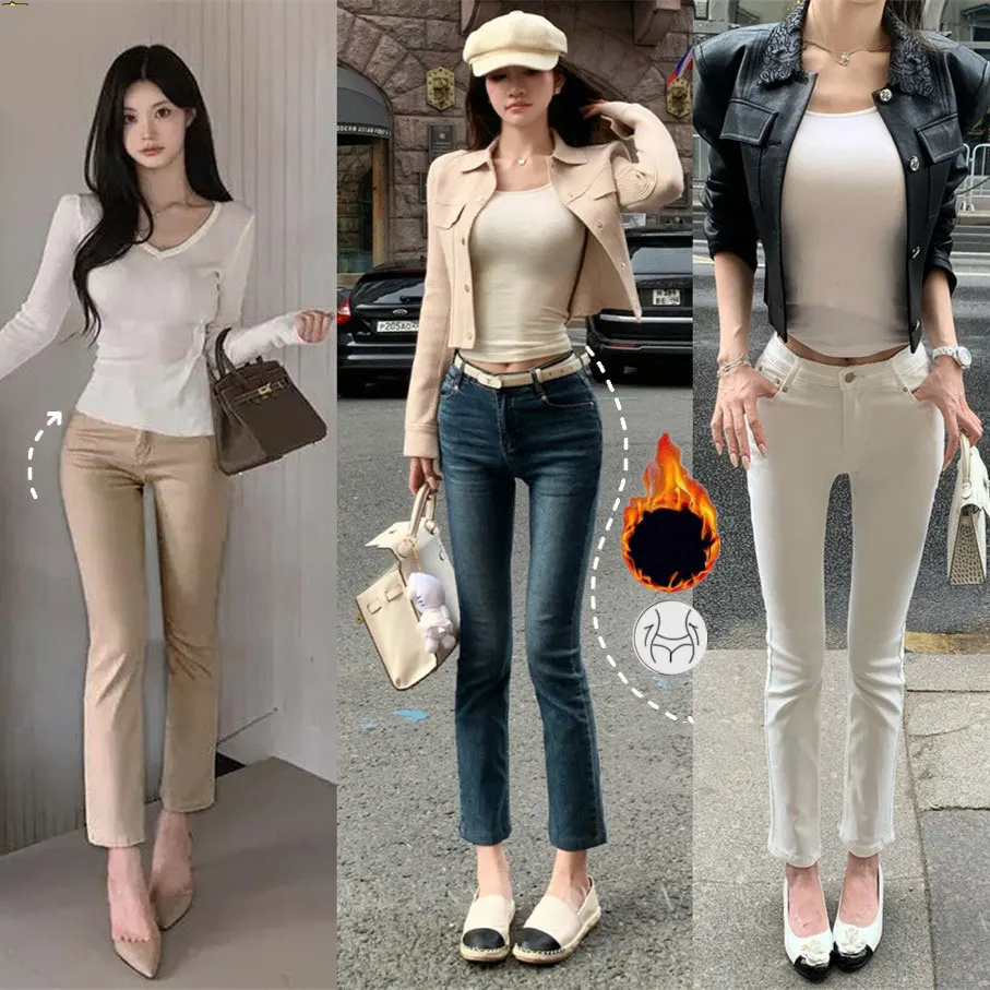 

Флисовые американские джинсы с высокой талией для похудения до щиколотки, женские осенние длинные брюки, повседневные хлопковые эластичные джинсовые узкие брюки с завышенной талией