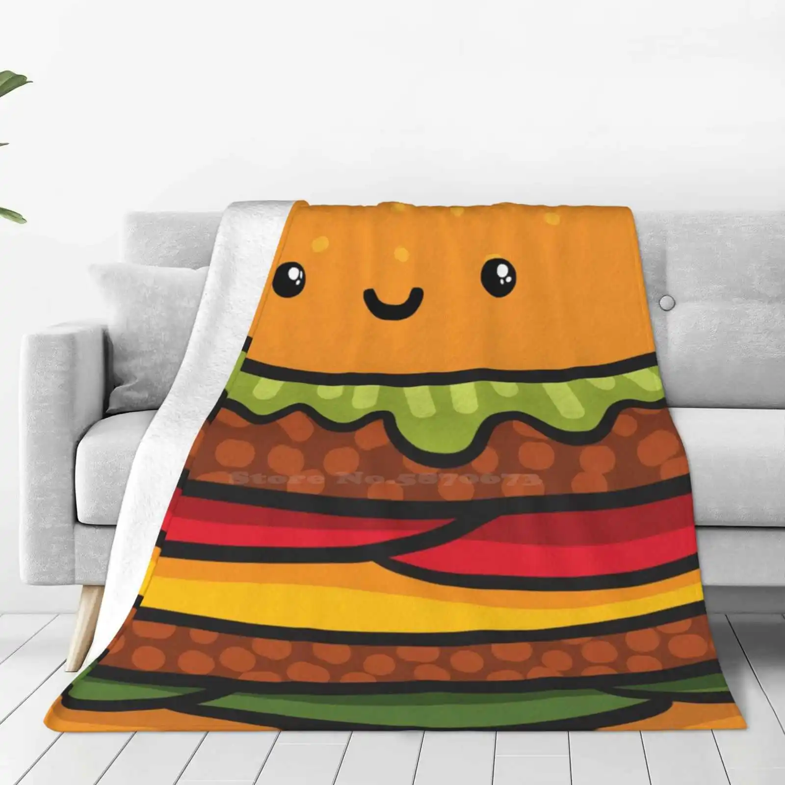 귀여운 버거 햄버거 패스트 푸드. 부드럽고 따뜻한 던지기 담요, 정크 패스트푸드 햄버거, 귀여운 캐릭터 얼굴 치즈 버거, 웃긴 미소