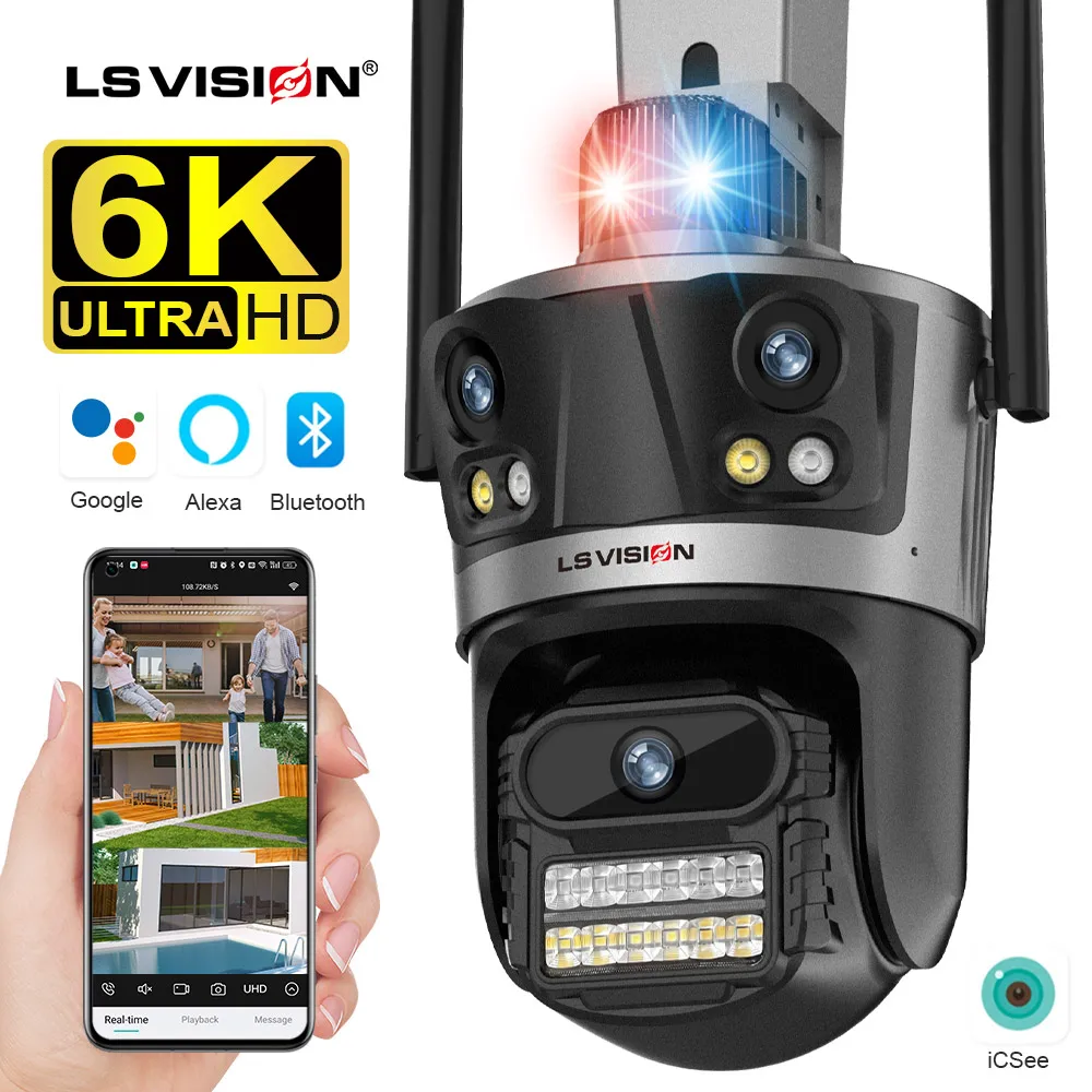 vision camera ip externa com wi fi auto rastreamento ptz vigilancia por video de seguranca vermelho icsee alarme de luz azul 6k ecra 12mp ls 01