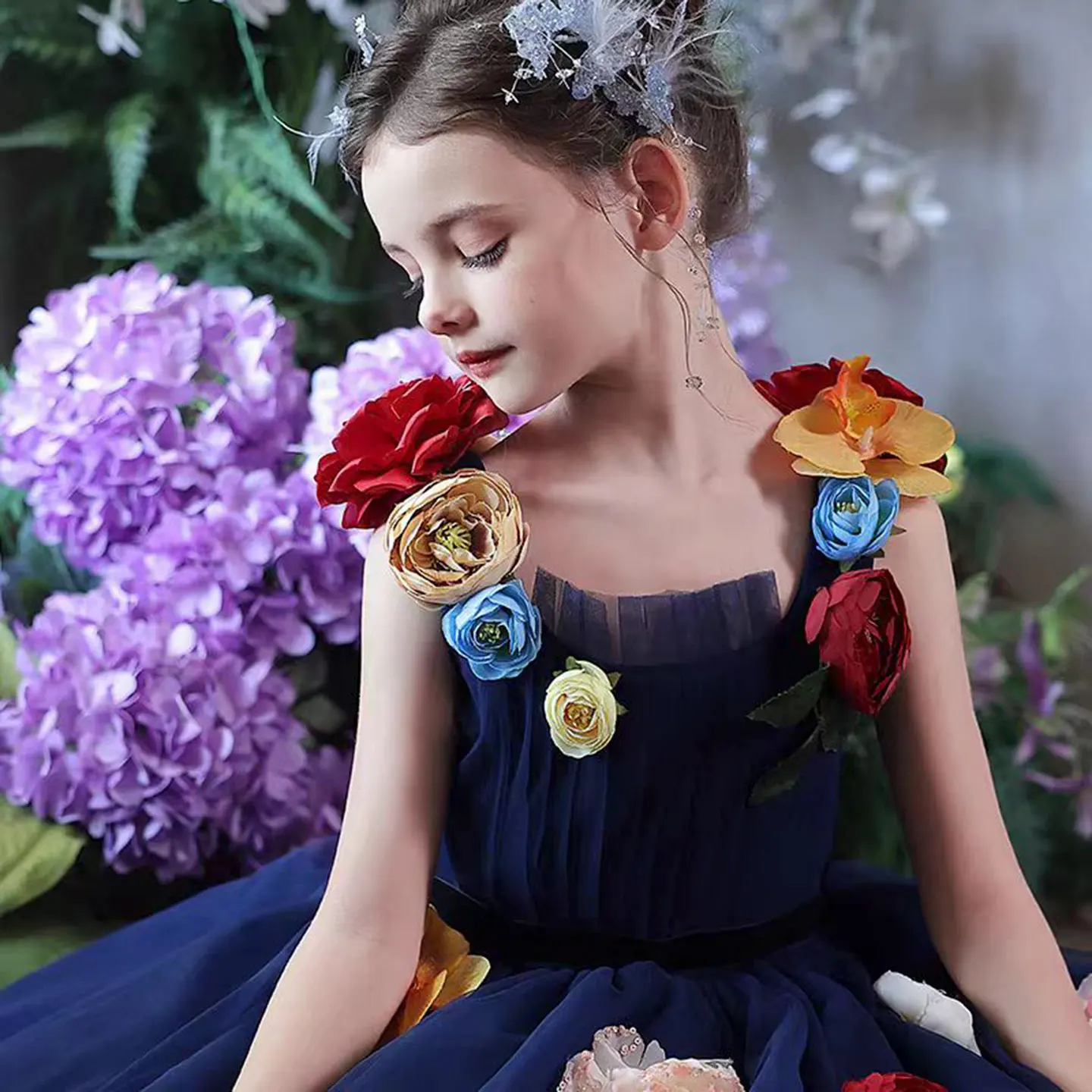 جيل ويش J013 الفاخرة الأزرق الداكن زهرة فتاة فستان تول الزهور طويلة الأميرة الاطفال الزفاف عيد ميلاد مهرجان ثوب مسائي #2