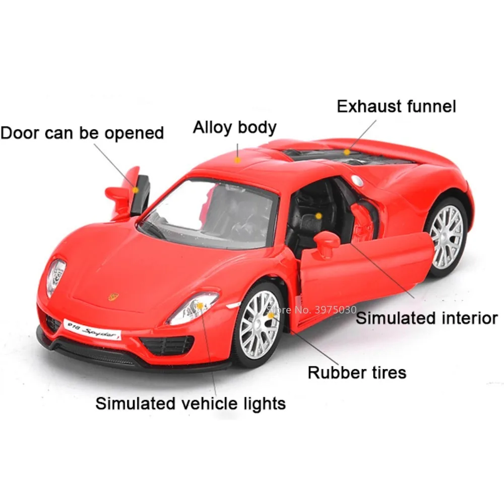 Modèle de voiture de sport en alliage moulé sous pression pour garçons, Porsche 918, véhicules de simulation avec nervures, collection de jouets, cadeaux, échelle 1:36