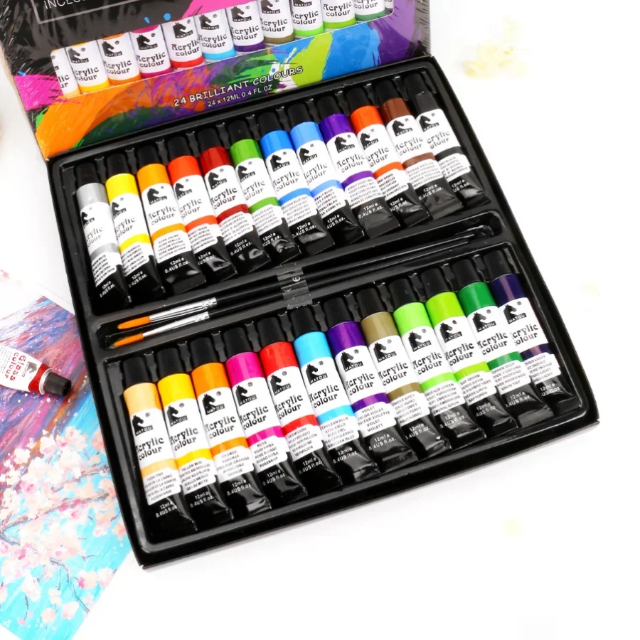 24 Colors 12ml Acrylic Paint Set Graffiti Painting Paint Hand Painted Wall Painting Textile Paint with Brush Art Supplies