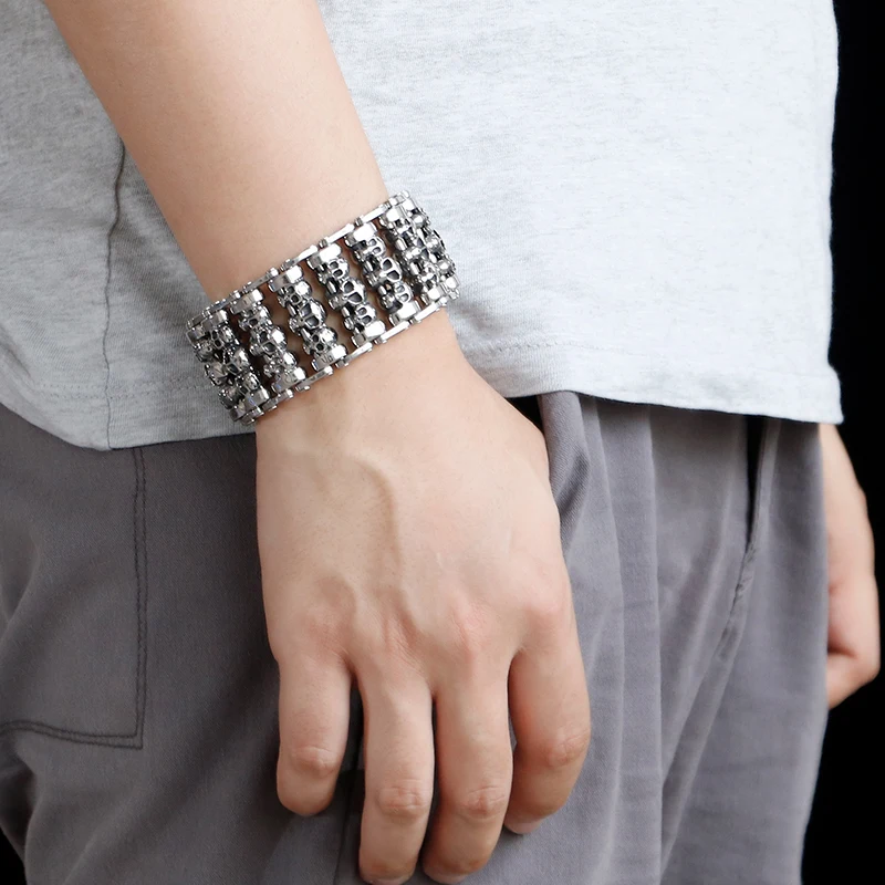 Big Stainless Steel Skull Charm Bracelets Men Metal Biker Viking Large Argent Bangle Jewelry