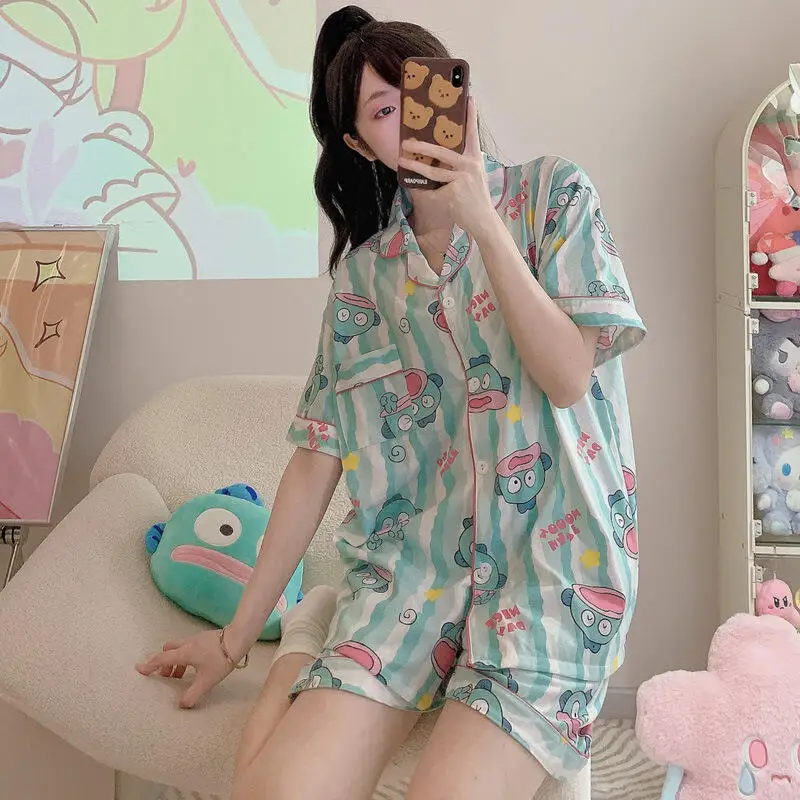 

New Pajamasgirl Homewear Short Sleeve Shorts Pajamas Set Comfortable Japanese Lazy Style Striped Summer Pospular