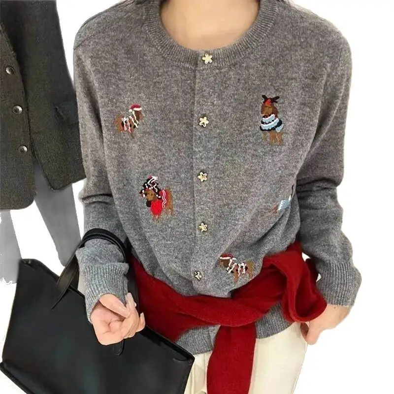 Embroidery Knitted Cardigan New Fashion Round Neck Cartoon Sweater Coat Single Breasted Top for Women Spring Autumn Casual