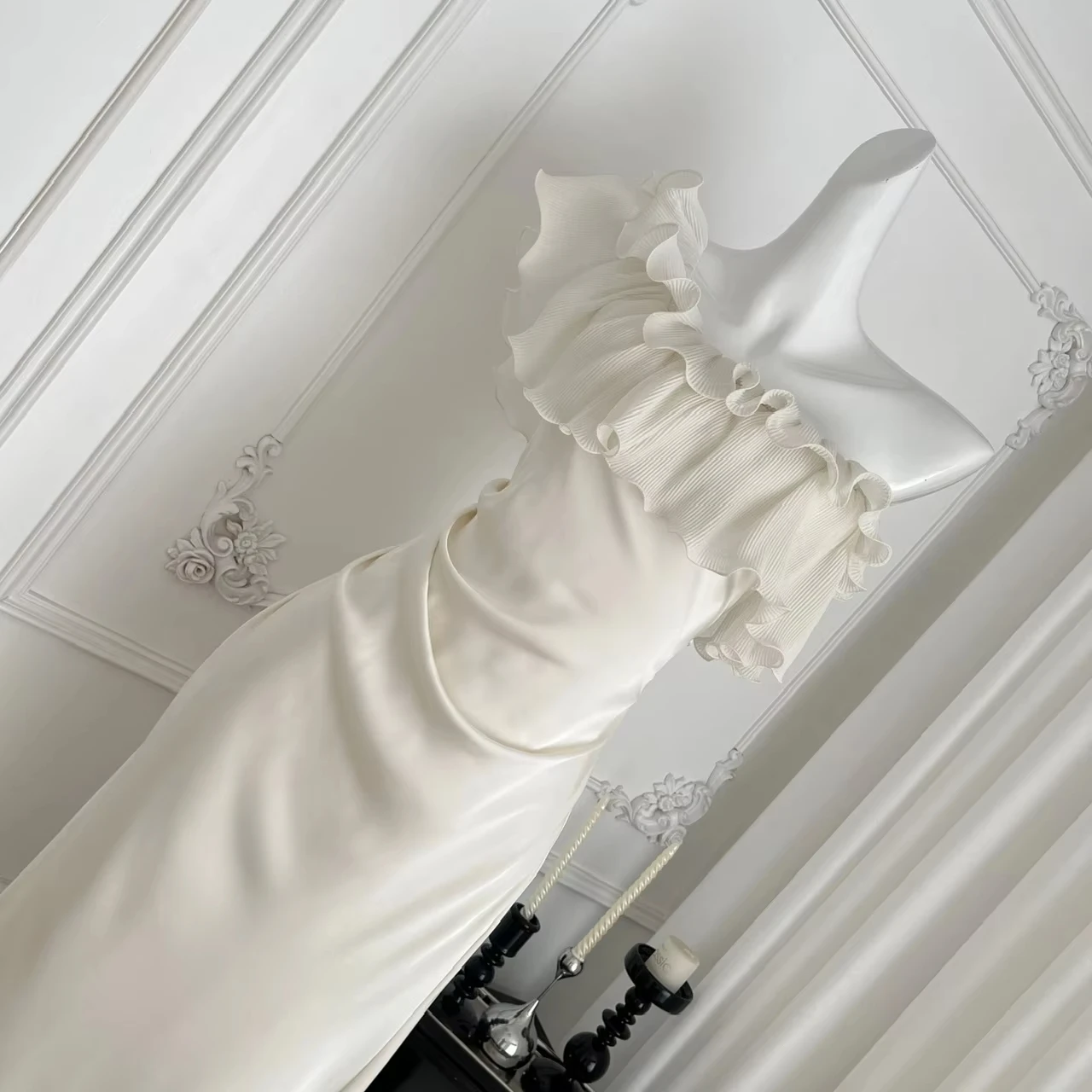 فستان حورية البحر من الساتان ذو الرغبة النقية فستان حورية البحر متقدم بخصر نحيف وياقة منحرفة رداء مكشكش مثير احتفالي مودا فيستدوس #4