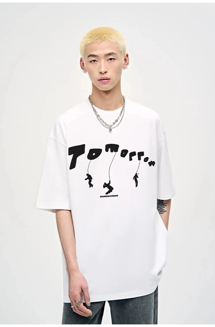 2026 Summer New American Streetwear Men Loose Casual Black White Dark Gray Apricot Figure Print Round Neck Short Sleeve T-Shirt