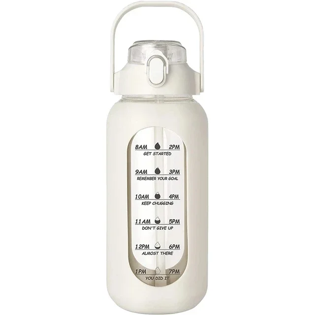 1000ML Glass Water Bottles With Straw, Glass Bottle With Silicone Sleeve And Time Marker, For Gym Camping Home Office