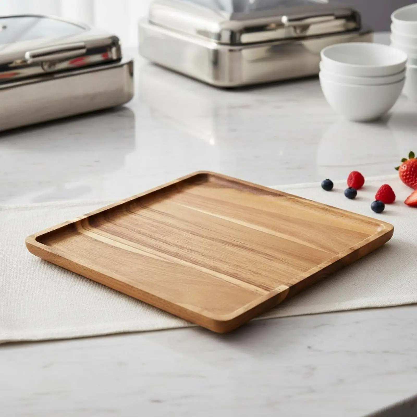 Square Serving Tray Acacia Wood Tray Decorative Plate Wooden Platter for Sushi Fruit Appetizers Buffet