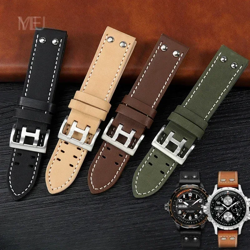 สายนาฬิกาหนังวัวแท้ระบายอากาศได้ดีเป็นมิตรต่อผิวอุปกรณ์เสริมสำหรับ H760250ฮามิลตันสีกากีการบินขนาด20 22มม.
