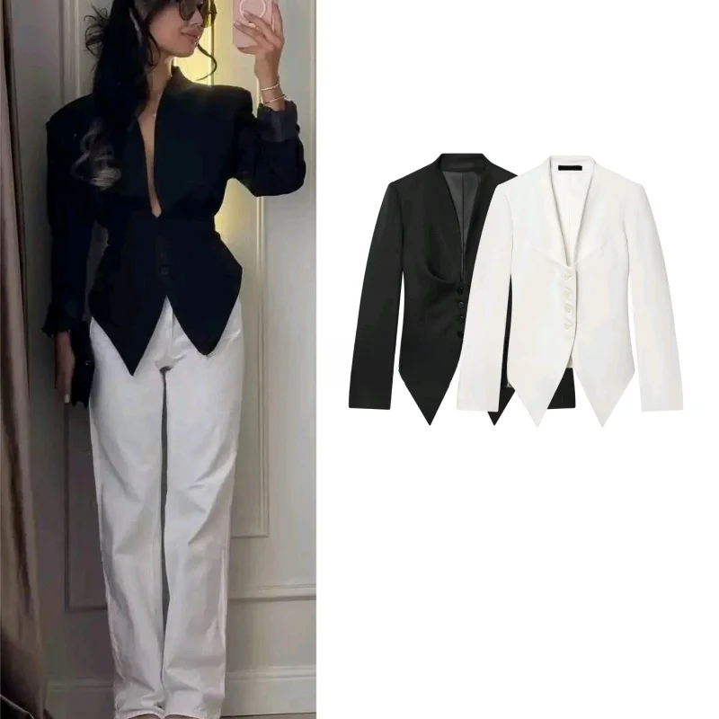 

Новая весенняя женская приталенная куртка-пиджак с глубоким V-образным вырезом, длинными рукавами и асимметричным подолом, модный элегантный дизайн