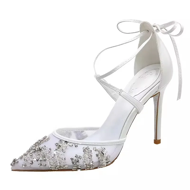 

Summer pointed rhinestone straps stiletto sandals thin straps small size large size mesh banquet dress all-match women's shoes