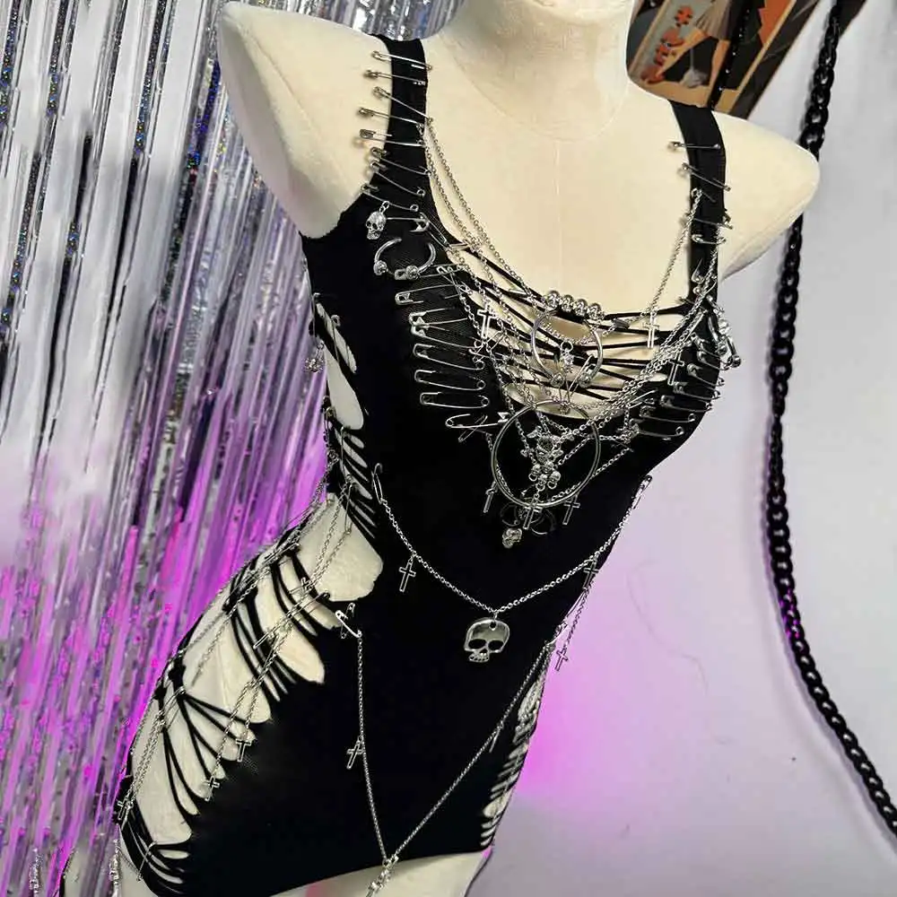 ايمو الجمجمة في سن المراهقة سلسلة ملابس الشارع الجرونج E-الفتيات Y2K الرسن بروتيل القمم دبوس الهيب هوب Harajuku موضة إحياء الشرير الصخرة القوطي