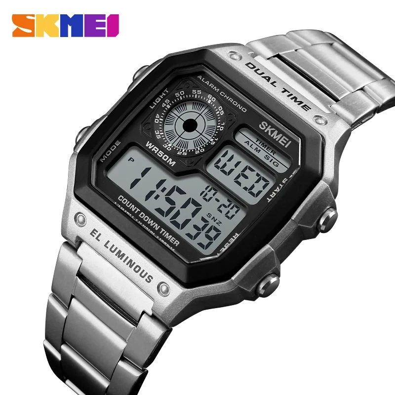 SKMEI 1335 Retro Sports Men's Electronic Watch Timing Alarm Clock Waterproof Stainless Steel Men's Digital Clock Reloj Hombre