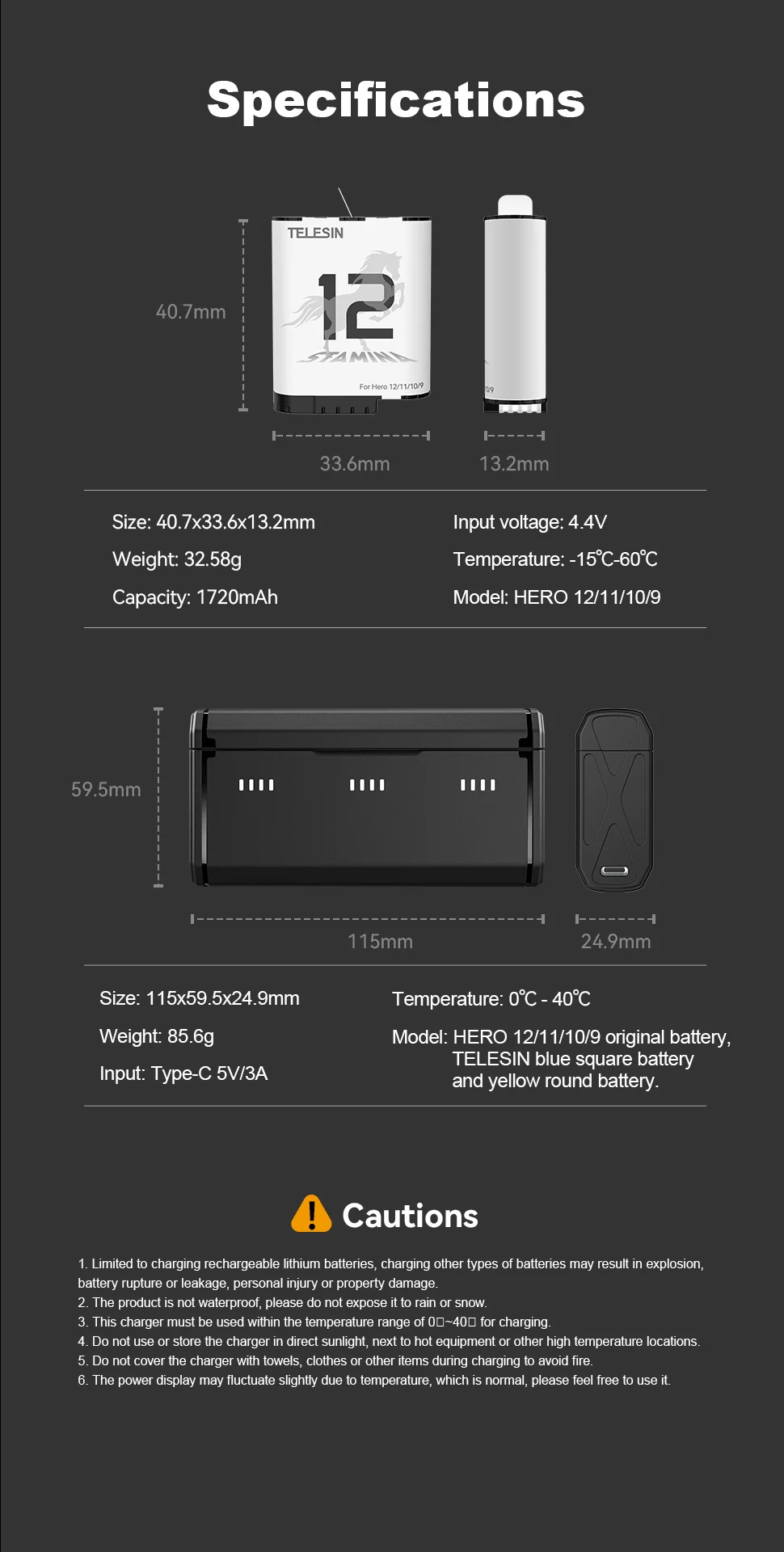 TELESIN 1750 mAh Endurence Batterie Für GoPro Hero 12 11 10 9 Gopro Zubehör Mit Batterie Box Für GoPro 9 10 11 12 Schwarz – Detail 13