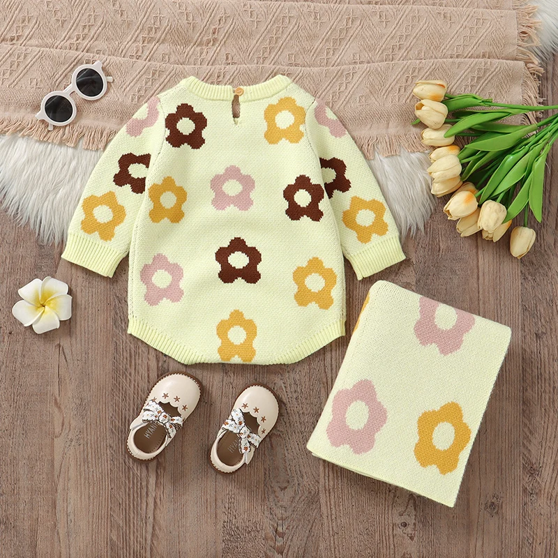 Autumn Baby Bodysuit Blanket Knit Newborn Clothes Sets Fashion Cute Florals Infant Kid Jumpsuit Quilt 90*70CM 0-18M Outfits Tops