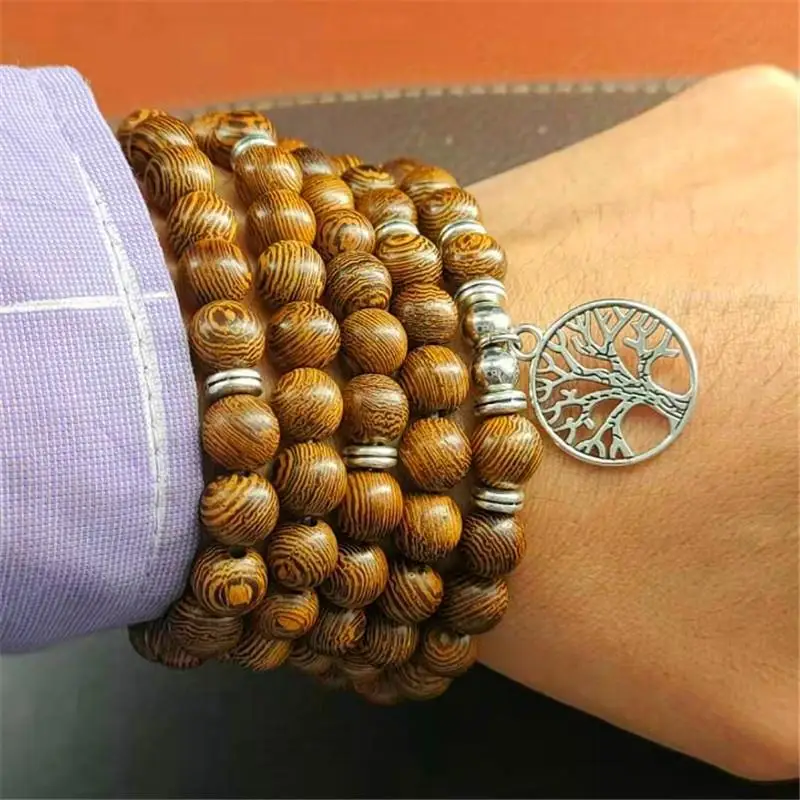 108 Beads Men Bracelets Tibetan Buddhist Charm Mala Meditation Tree of Life Lucky Wenge Wood Rosary Bracelet Women Yoga Jewelry