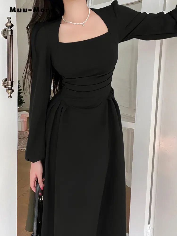 2024 Spring Vintage Long Sleeve Solid Color Midi Dresses Summer Women Elegant Classic Square Collar Office Lady Slim Fit Dress