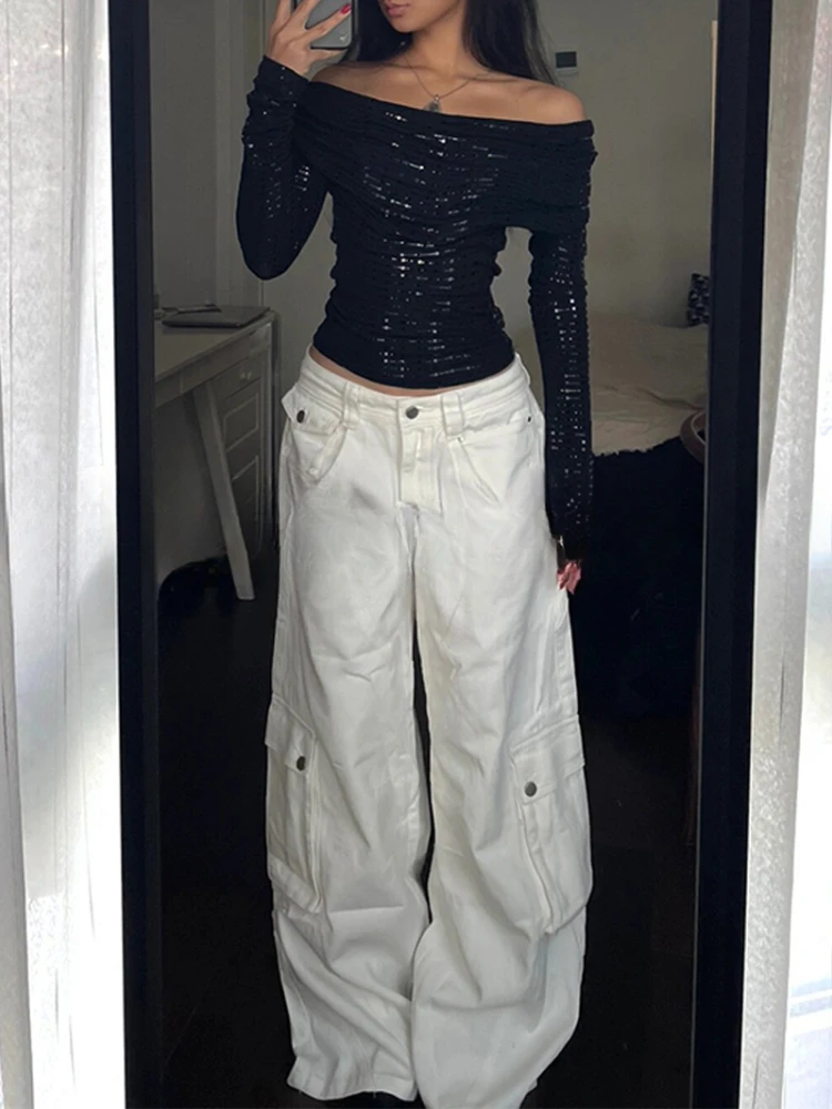 Matakawa Pantaloni in denim bianco Donna Solid Streetwear Primavera Autunno Vintage Pantalones Mujer Moda Y2k Pantaloni hiphop larghi