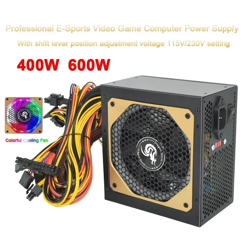 ATX 400W 600W Desktop E-Sports Video Game Computer Power Supply 110/230V RGB Colorful Silent Fan PSU 24Pin 12V