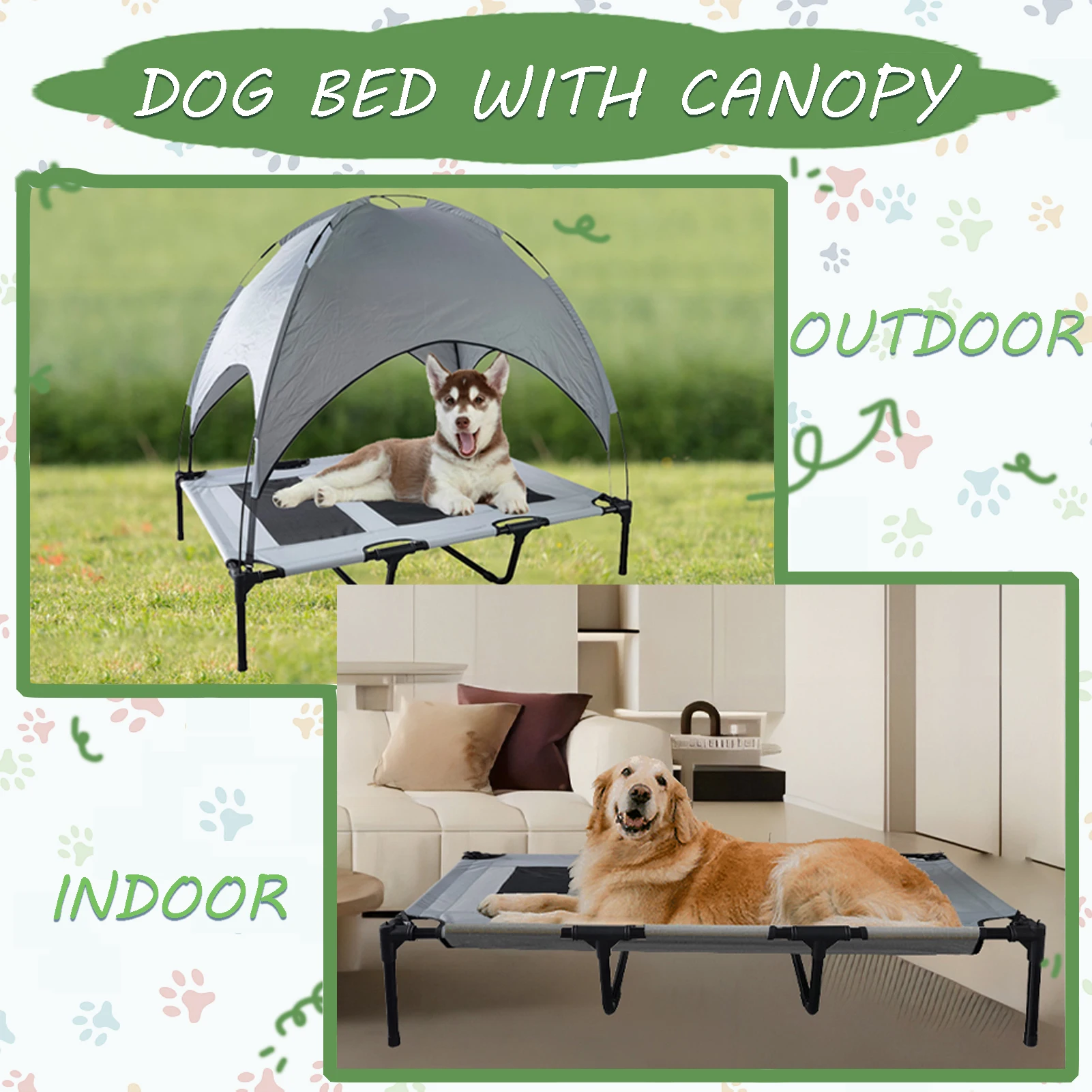 Dog Bed with Canopy Anti Scratch Oxford Fabric Summer Portable Pet Bed Cot Anti Slip Big Size Elevated Cot Indoor Outdoor