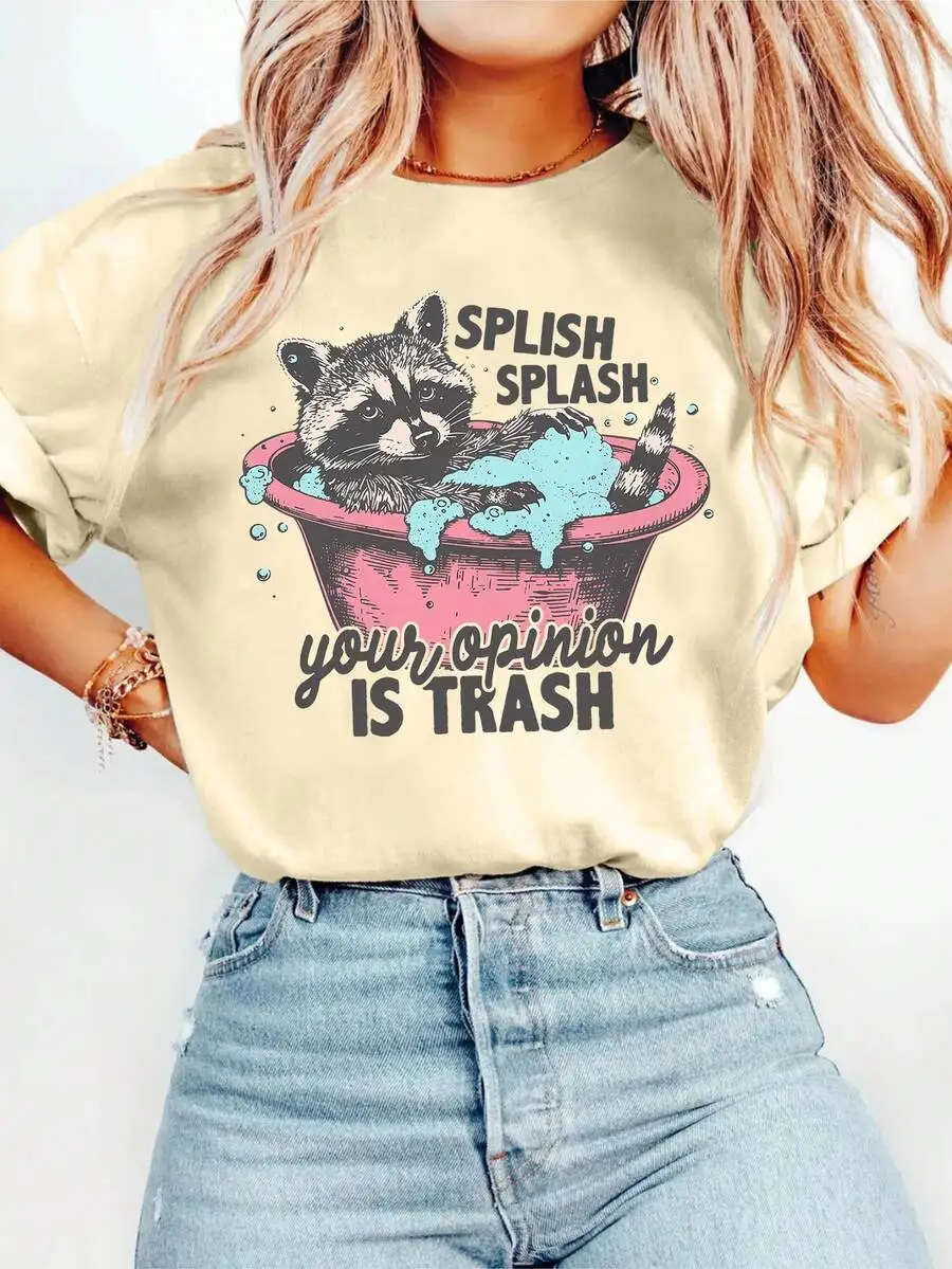 

Raccoon In Bathtub Graphic Print T-Shirt Short Sleeve Crew Neck Casual Top For Women