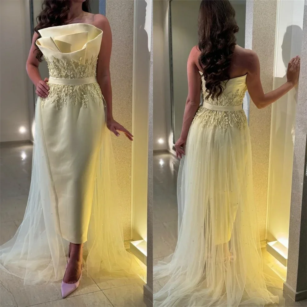 Customized Evening Dress Saudi Arabia Formal Gown Prom Irregular Collar Sheath Anke Length Open Back Tulle Hugging Bead