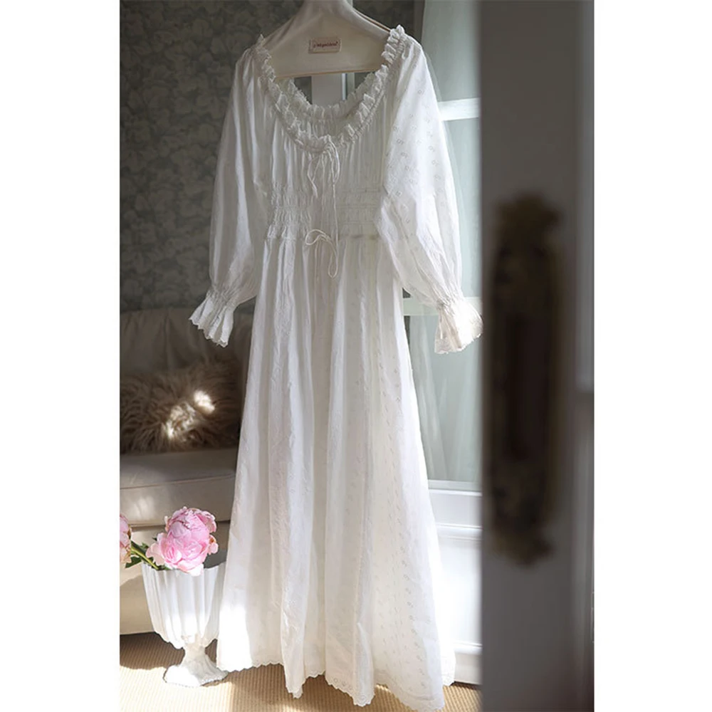 2024 New 100% Cotton Embroidery Women Nightgown Beautiful Vintage Nightdress Long White Palace Retro Princess Sleepwear Longue